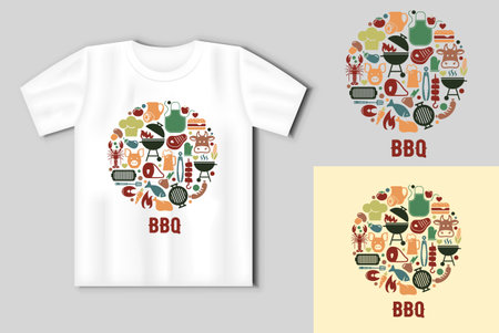 BBQ barbecue and grill related flat icons set isolated on white background. Concept with t-shirt mockup. Vector Illustrationのイラスト素材