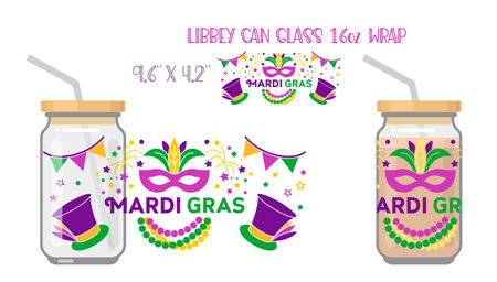 Printable Full wrap for libby glass can. Mardi Gras. Vector lettering with beads and a carnival maskのイラスト素材