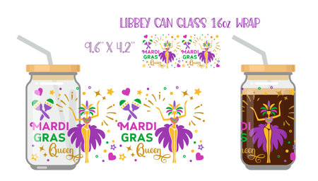 Mardi Gras Queen. Printable Full wrap for libby glass can. Vector Illustrationのイラスト素材