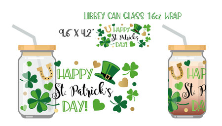 Printable Full wrap for libby class can. A pattern with St Patricks day symbols. Happy st Patricks day inscriptionのイラスト素材