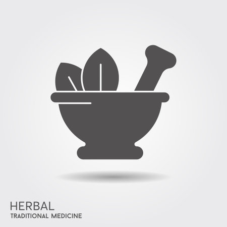 Vector illustration of mortar and pestle. Flat icon with dshadow. Alternative medicine concept, phytotherapy symbolのイラスト素材