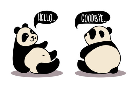 Two Cute pandas with inscription hello and goodbyeのイラスト素材