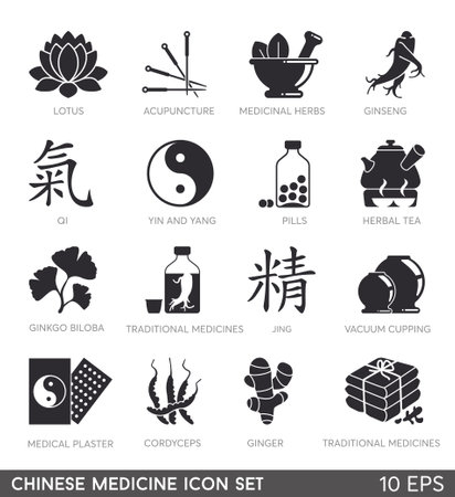 A set of icons of traditional Chinese medicine. It includes acupuncture, vacuum cupping, ginseng, ginger, and otherのイラスト素材