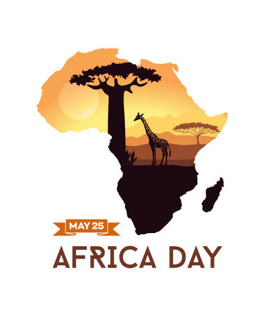 World Africa Day Illustration with Africa map and silhouette giraffe on sunsetのイラスト素材
