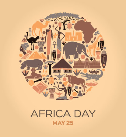 Africa Day on 25 May Illustration with symbols of African culture and natureのイラスト素材