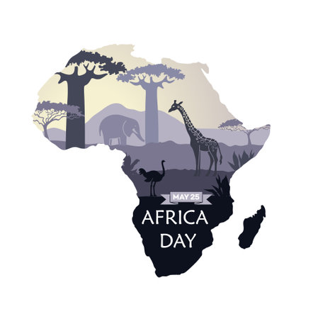 World Africa Day Illustration with Africa map and animal silhouettes giraffe, elephant, ostrich on sunsetのイラスト素材