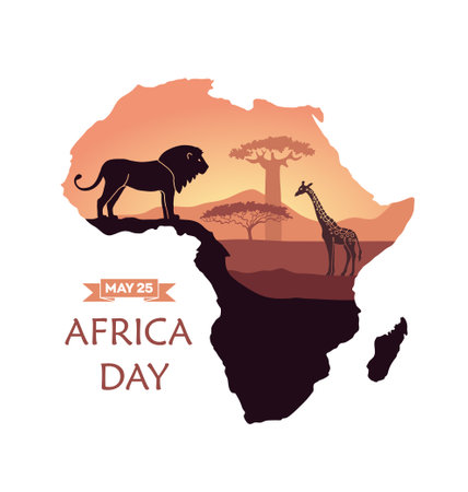 World Africa Day Illustration with Africa map and silhouette giraffe and lion on sunsetのイラスト素材