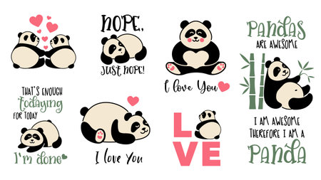 Cute lazy pandas with funny inscriptions.のイラスト素材