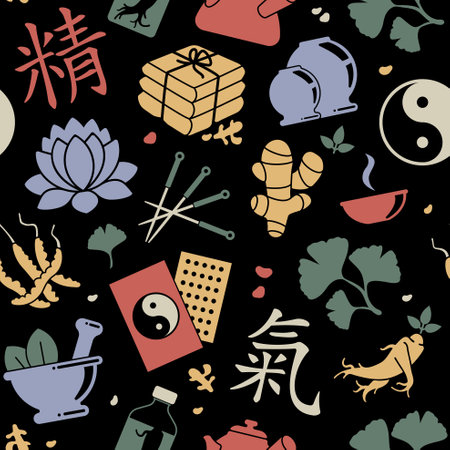 Seamless pattern with icons of traditional Chinese medicine.のイラスト素材