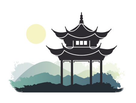 Chinese traditional landscape. Mountains, Chinese pagoda, Sunriseのイラスト素材