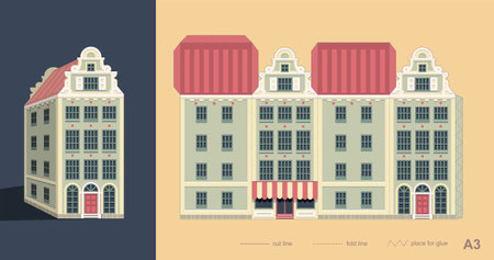 Laser cutting Amsterdam style house. Silhouette of a building of typical Dutch canal view at Netherlands. Stylized facades of old building. Paper carving vector templateのイラスト素材