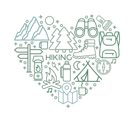Hiking line icons set. Modern graphic design concepts, simple outline elements collection. Vector line icons in the heart shapeのイラスト素材