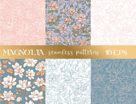 A set of seamless patterns with hand drawn magnolias. Vector backgroundsのイラスト素材