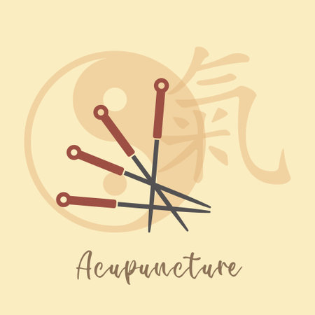 Acupuncture Needles, yin yang symbol and kanji QI,. A vintage symbol of traditional medicine. Vector illustrationのイラスト素材