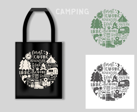 Round composition of inscriptions and pictures on the theme of hiking and outdoor recreation. Camping concept with tote bag mockupのイラスト素材