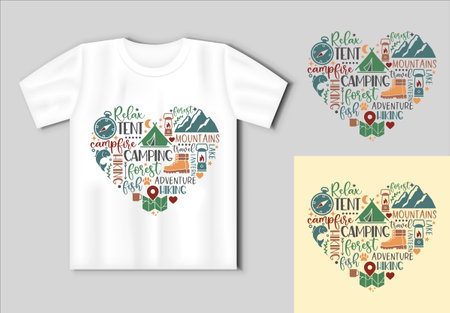 Composition of inscriptions and pictures in the heart shape on the theme of hiking and outdoor recreation. Vector lettering for t shirt, poster, card. Travel concept with t-shirt mockupのイラスト素材