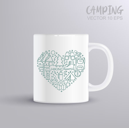 Hiking line icons set. Modern graphic design concepts, simple outline elements collection. Vector line icons in the heart shape. Hiking concept with mug mockupのイラスト素材
