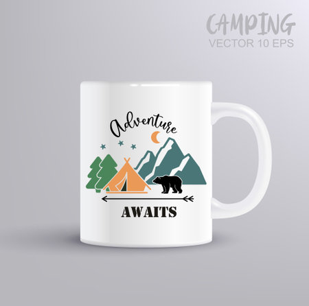 Adventure awaits. Round sign. Inspirational positive quote, motivational, typography, lettering design with mountains, a tent and a bear. Camping concept with mug mockupのイラスト素材