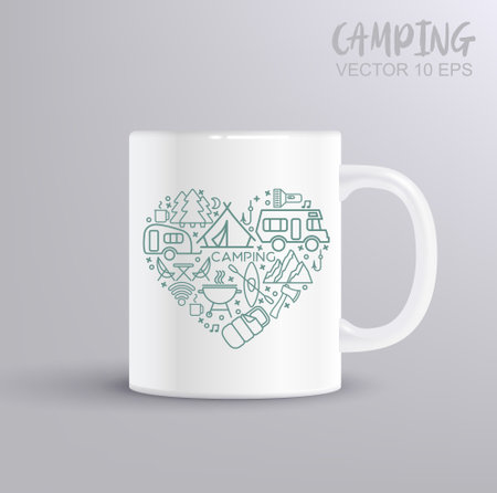 Camping line icons set. Modern graphic design concepts, simple outline elements collection. Camping concept with mug mockupのイラスト素材