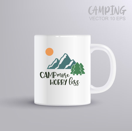 Camp More Worry Less, Camping Illustration, Camping EPS, Camping concept with mug mockupのイラスト素材