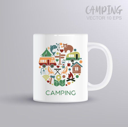 Flat icons in the circle shape on the theme of camping and outdoor recreation. Camping concept with mug mockup. Vector Illustrationのイラスト素材