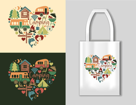Flat icons in the heart shape on the theme of camping and outdoor recreation. Camping concept with tote bag mockup. Vector Illustrationのイラスト素材