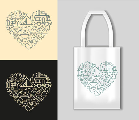 Camping line icons set. Modern graphic design concepts, simple outline elements collection. Camping concept with tote bag mockupのイラスト素材