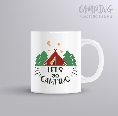 Let's go Camping, Traveling, Hiking t shirt and mug design vector illustration. Camping concept with mug mockupのイラスト素材