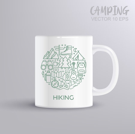 Hiking line icons set. Modern graphic design concepts, simple outline elements collection. Hiking concept with mug mockup. Vector line icons in the shape of a circleのイラスト素材