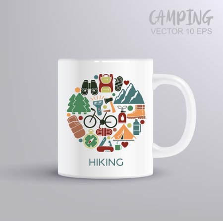 Flat icons in the shape of a circle on the theme of hiking and outdoor recreation. Hiking concept with mug mockup. Vector Illustrationのイラスト素材