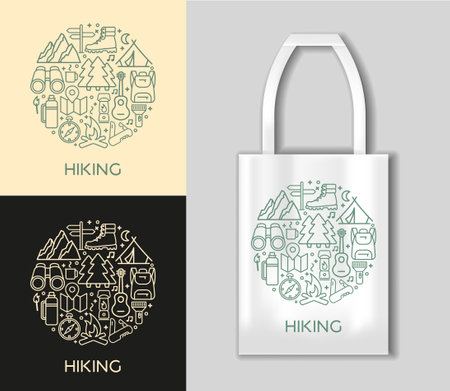 Hiking line icons set. Modern graphic design concepts, simple outline elements collection. Hiking concept with tote bag mockup. Vector line icons in the shape of a circleのイラスト素材