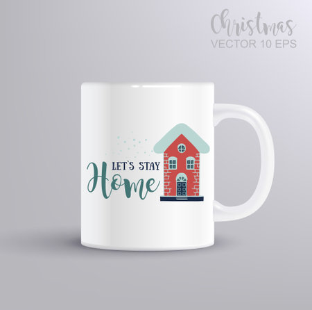 Christmas retro design with a winter house and the inscription LET S STAY HOME. Christmas concept with mug mockupのイラスト素材
