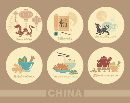 Symbols of traditional Chinese culture, medicine, foodのイラスト素材