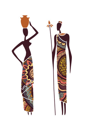 Vector silhouette of African man with spear and woman carrying pot on head. Ethnic tribal illustration symbolizing culture, tradition and everyday village lifeのイラスト素材