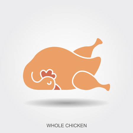 Minimal flat vector illustration of a whole cooked chicken. Simple food icon representing roasted poultry, traditional meal, or holiday dinner. Suitable for restaurant menus, culinary design, food infographics, and festive concepts.のイラスト素材
