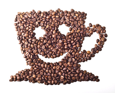 Coffee Cup with face and smile from Coffee beans on white isolated backgroundの写真素材