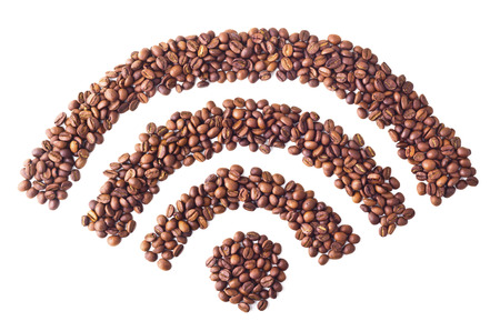 'Wi-FI' symbol from coffee beans on white isolated backgroundの写真素材