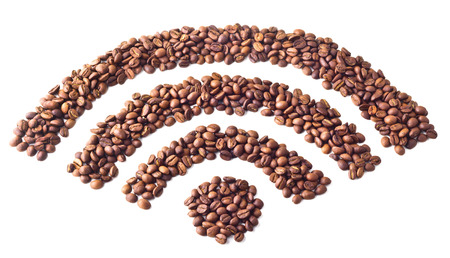 'Wi-FI' symbol from coffee beans on white isolated backgroundの写真素材