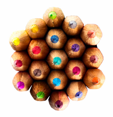 Close up colored pencils on white isolated background