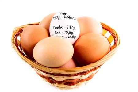 Nice eggs in basket with eggs calories chart on white isolated background