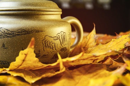 Green Chinese teapot on fallen yellow leavesの写真素材