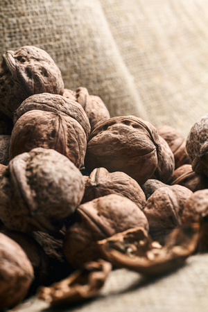 Walnuts on craft loft clothの写真素材