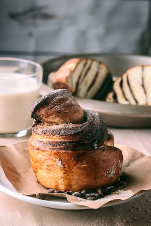 Cinnamon roll with milkの写真素材