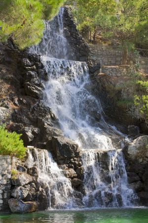 Waterfall and pine trees in parkの写真素材