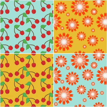 four seamless backgrounds with flowers and cherryのイラスト素材