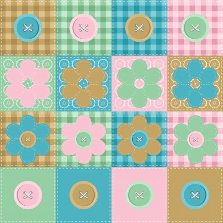 patchwork background with flowers and buttonsのイラスト素材