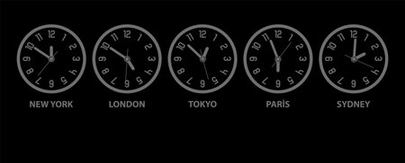 wall background with round city clocks.