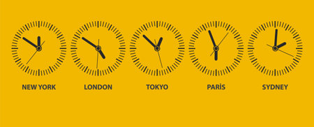 wall background with round city clocks.