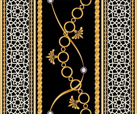 pattern decorated with precious stones, gold chains and pearls.のイラスト素材