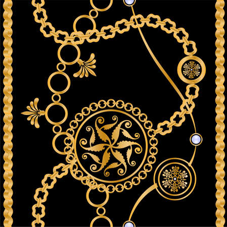 pattern decorated with precious stones, gold chains and pearls.のイラスト素材